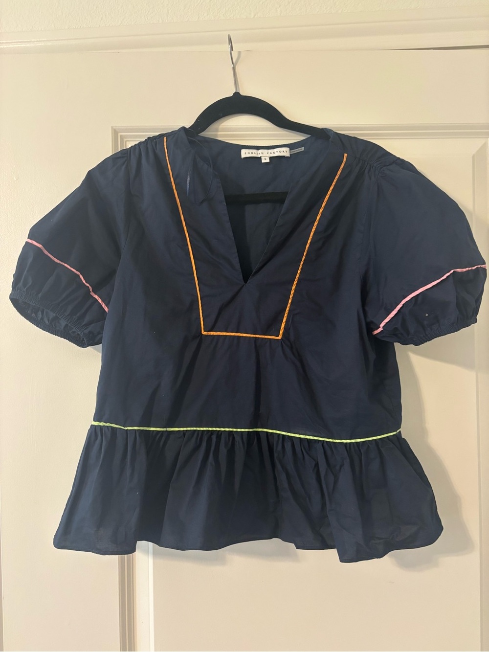 English Factory Navy Embroidered Peplum Top with Contrast Trim